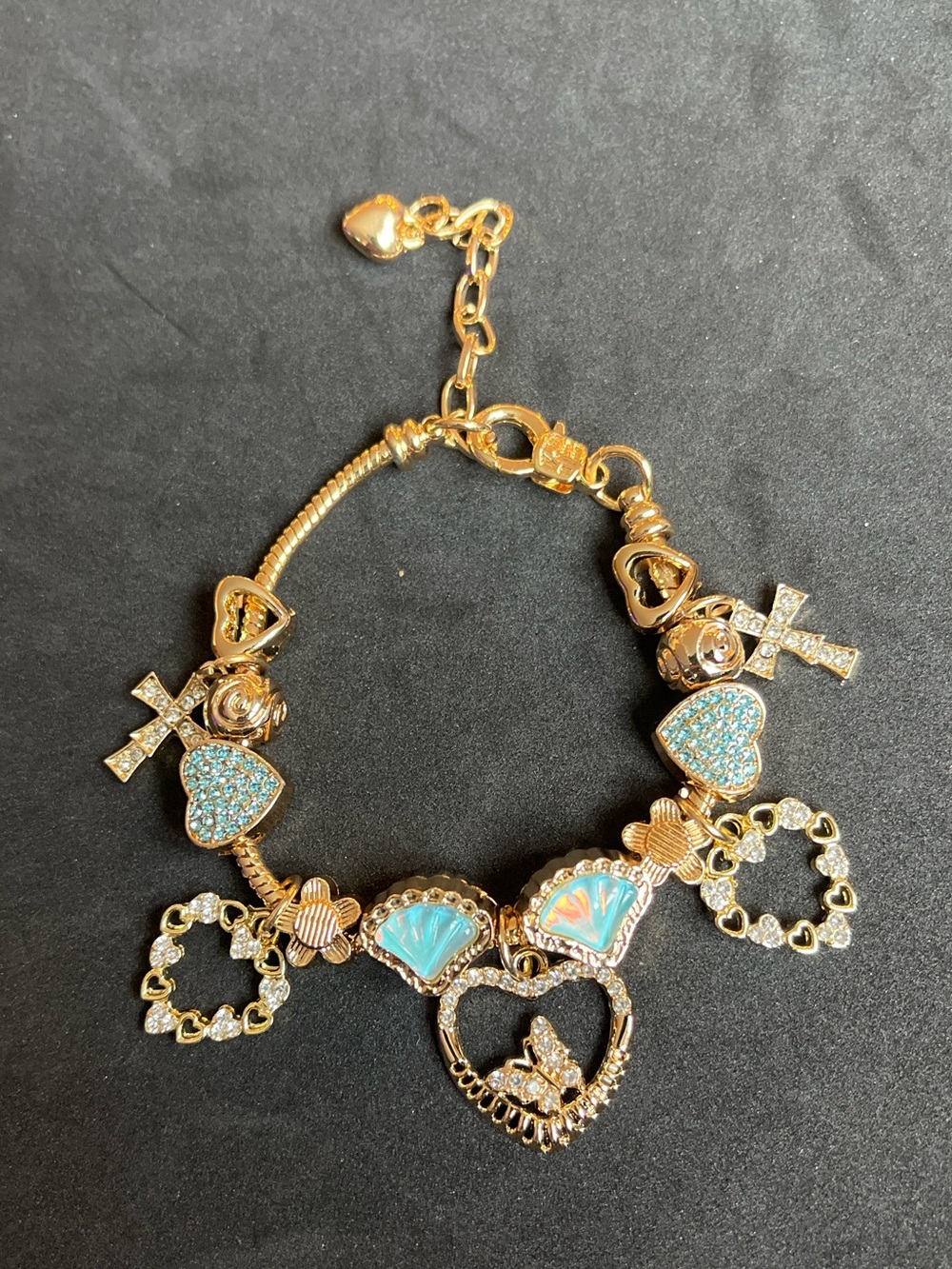 Gold-Tone Heart & Blue Charm Bracelet